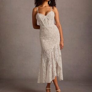 Kaira Cream Lace Corset Midi Dress with Spaghetti Straps (removable)